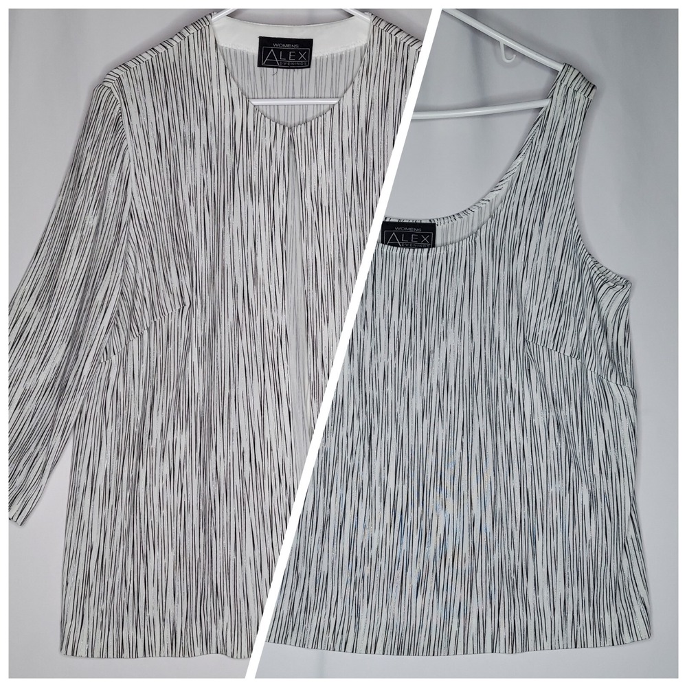 Alex Evenings Cardigan Tank Set 12P Silver Black White Stripe Stretch 3/4 Sleeve